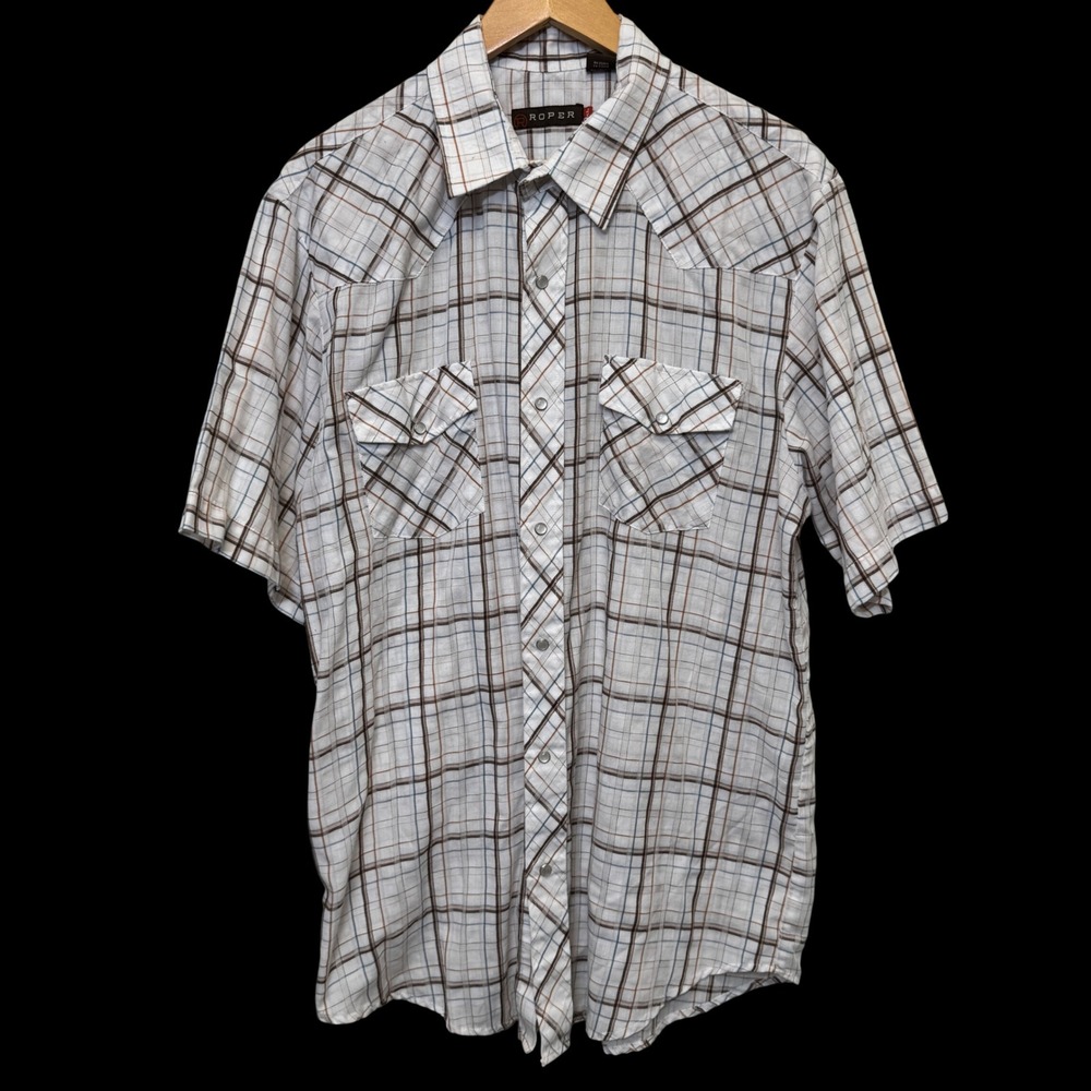 Vintage Roper Mens Western Shirt XL White Plaid Pearl Snap Short Sleeve Cowboy